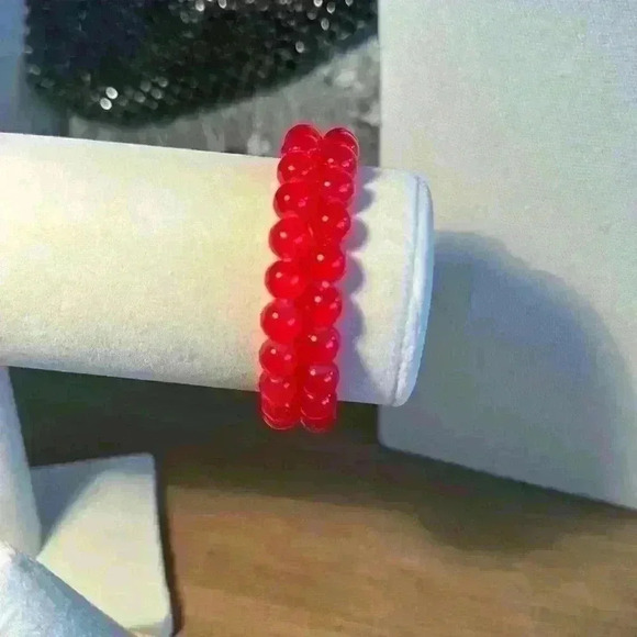 Two Red Glass Beaded Stretch Bracelets - Picture 2 of 4